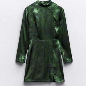 Zara Green Mock Neck Asian Inspired Floral Holiday Mini Dress